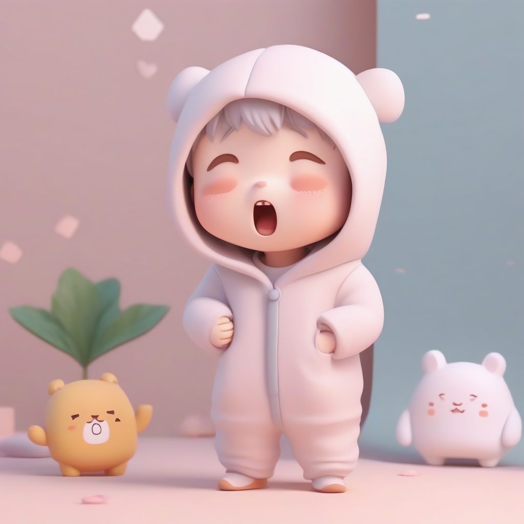 C4D渲染治愈系Q版表情：懒洋洋打哈欠的全身照，高细节柔和光照