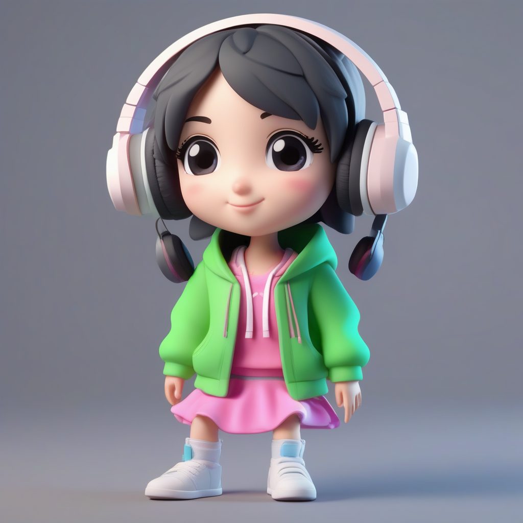 C4D游戏宅Q版女孩全身渲染图，绿色耳机，盲盒收藏级AI艺术