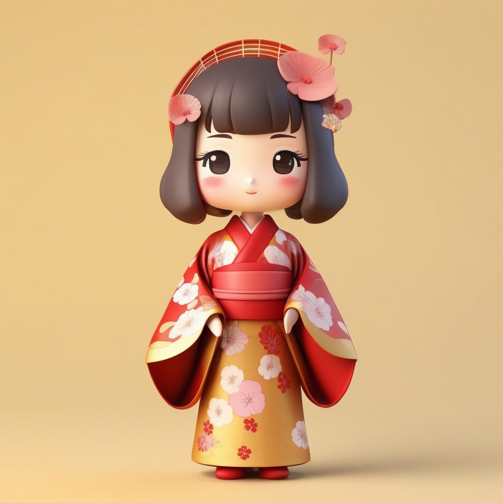 C4D 3D粘土和服Q版女孩AI绘画提示词：日式花卉图案与柔和背景