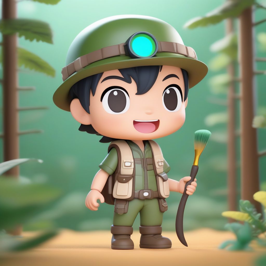 C4D Octane渲染Q版恐龙研究员男孩：3D粘土盲盒手办全身站立提示词