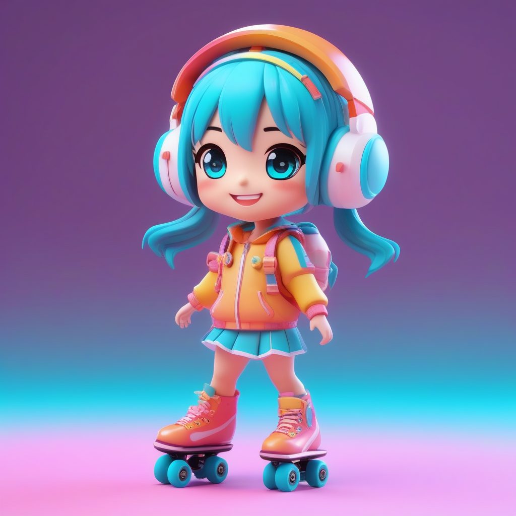 C4D Octane 3D粘土Q版女孩：霓虹轮滑选手全身照生成