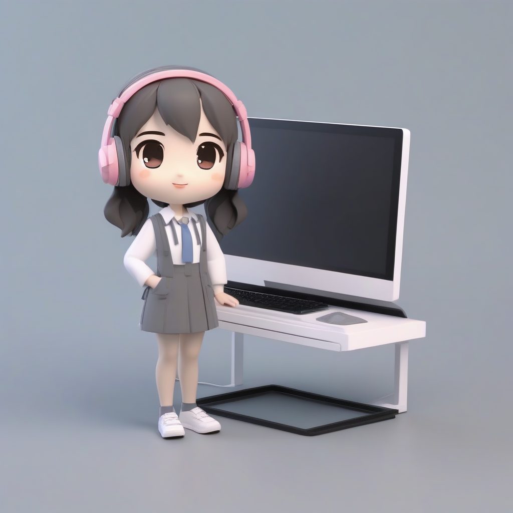 C4D Q版计算机女教师：戴耳机，手持键盘键的全身粘土渲染