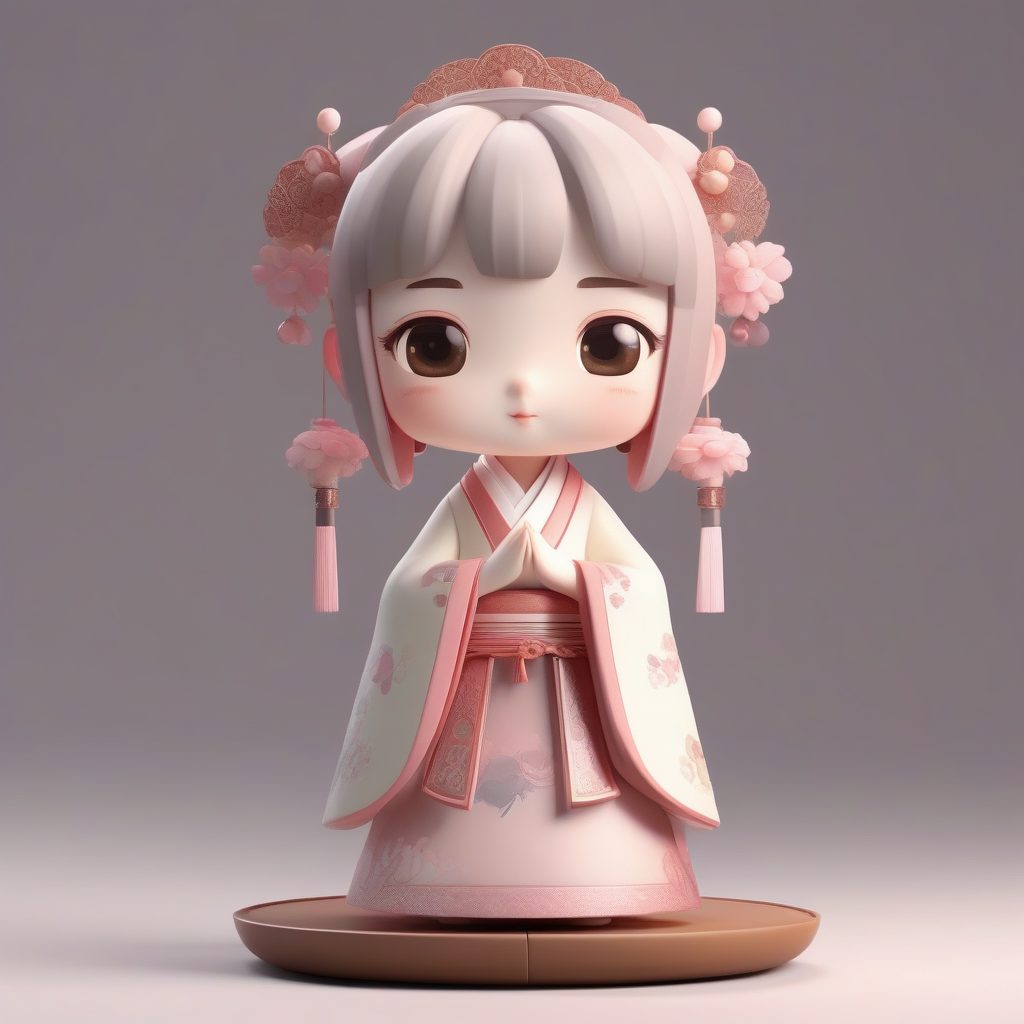 C4D Q版盲盒：春日桃花主题精致汉服少女全身3D渲染