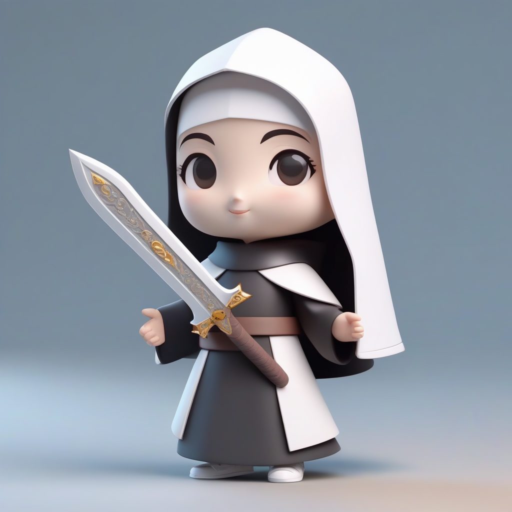 C4D Q版女武神修女：携带圣典与迷你剑的可爱全身手办渲染