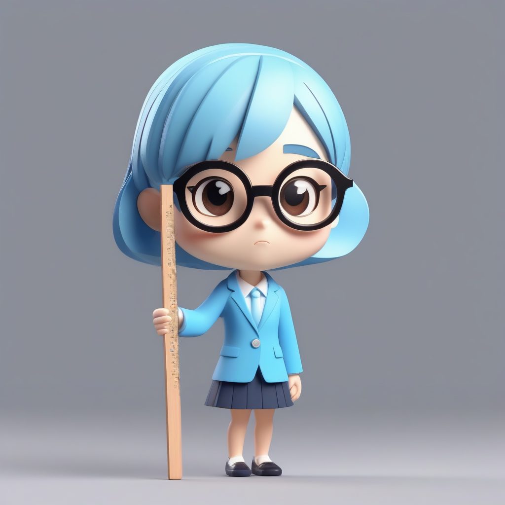 C4D Q版数学女教师：盲盒手办站立照，手持巨型尺子，纯蓝色背景