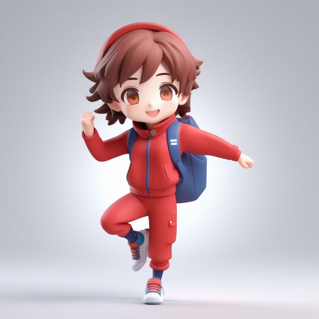 C4D Q版体育老师：运动服造型，元气满满的跳跃姿势，纯红色背景