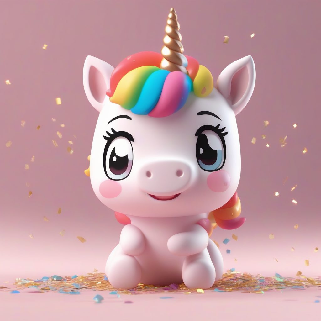 彩虹独角兽：C4D高抛光Q版手办全身图，浅粉色背景