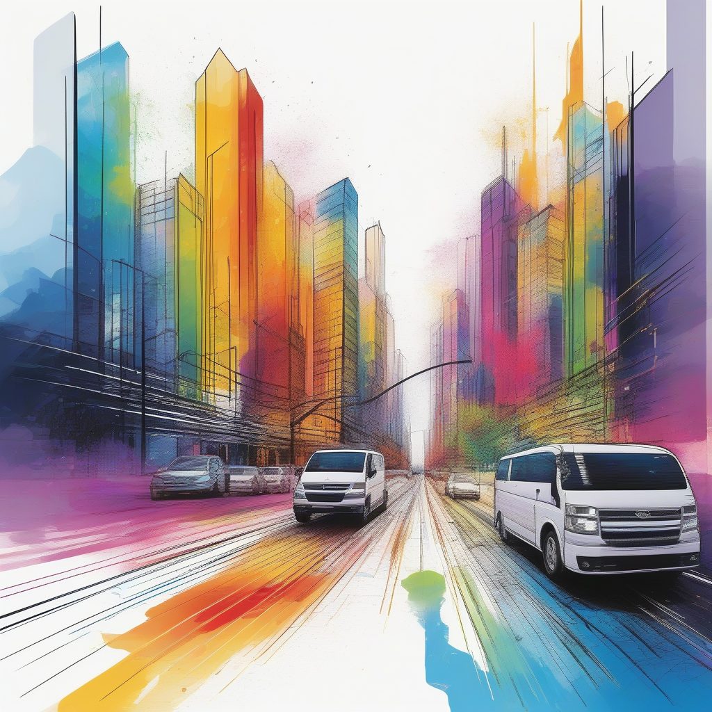 彩虹水彩滴落的抽象几何城市线稿