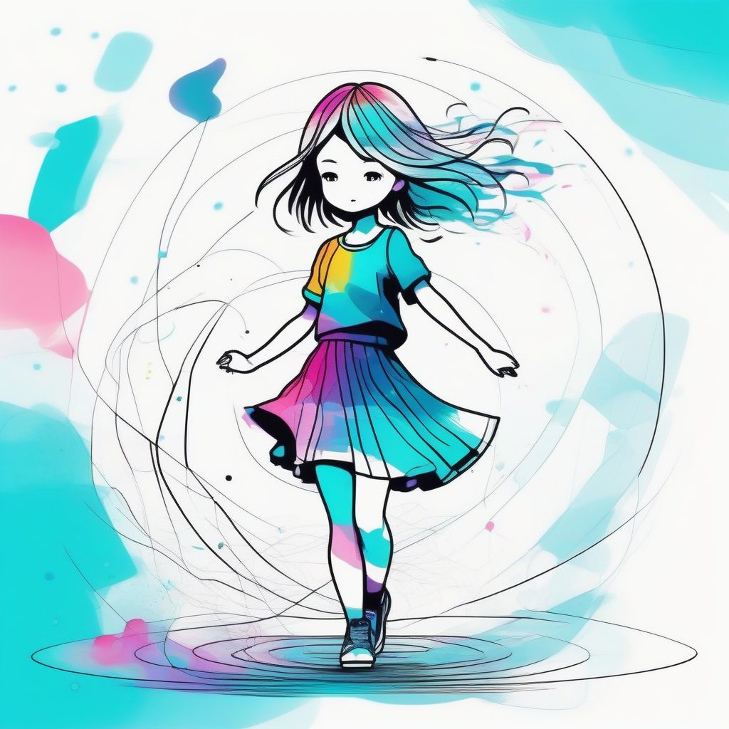 彩虹水彩滴落的Q版少女：极简线条艺术与动态几何构图