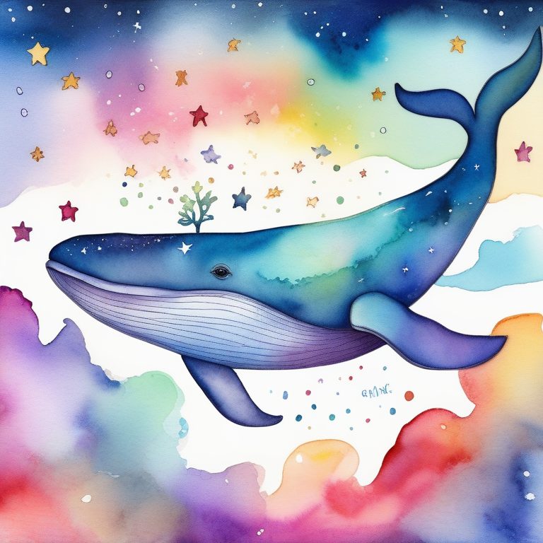 彩虹水彩鲸鱼与梦幻星辰