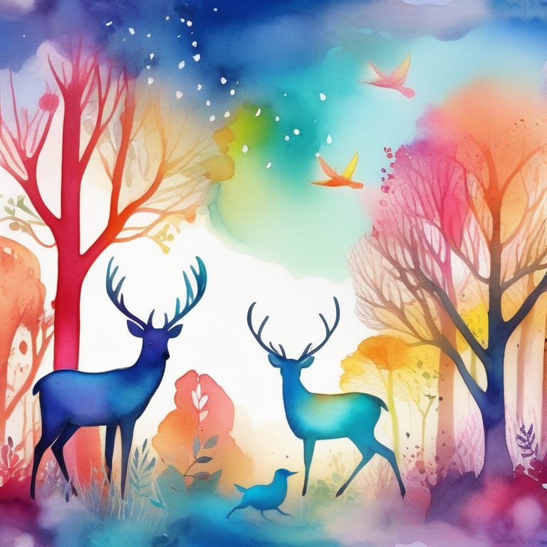 彩虹水彩森林与幻想动物