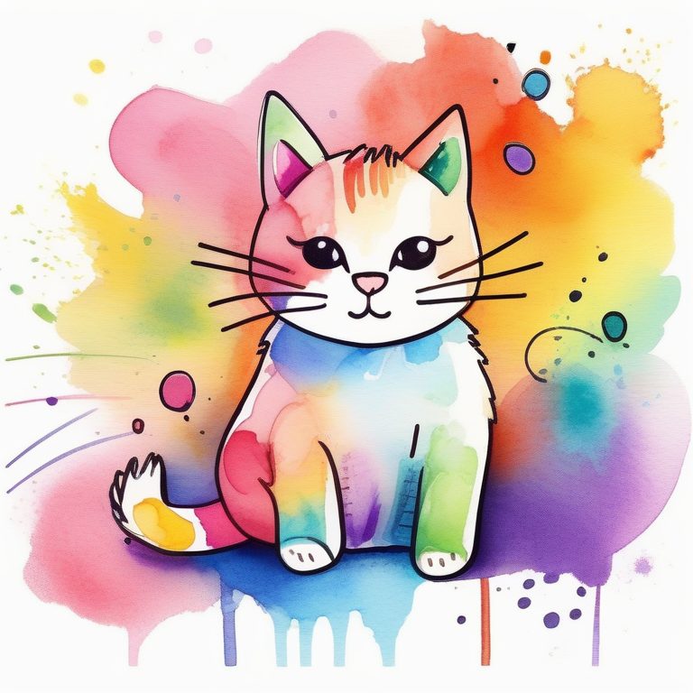 彩虹水彩涂鸦日记页下的可爱猫咪