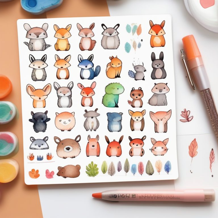 彩虹水彩小动物手账插画