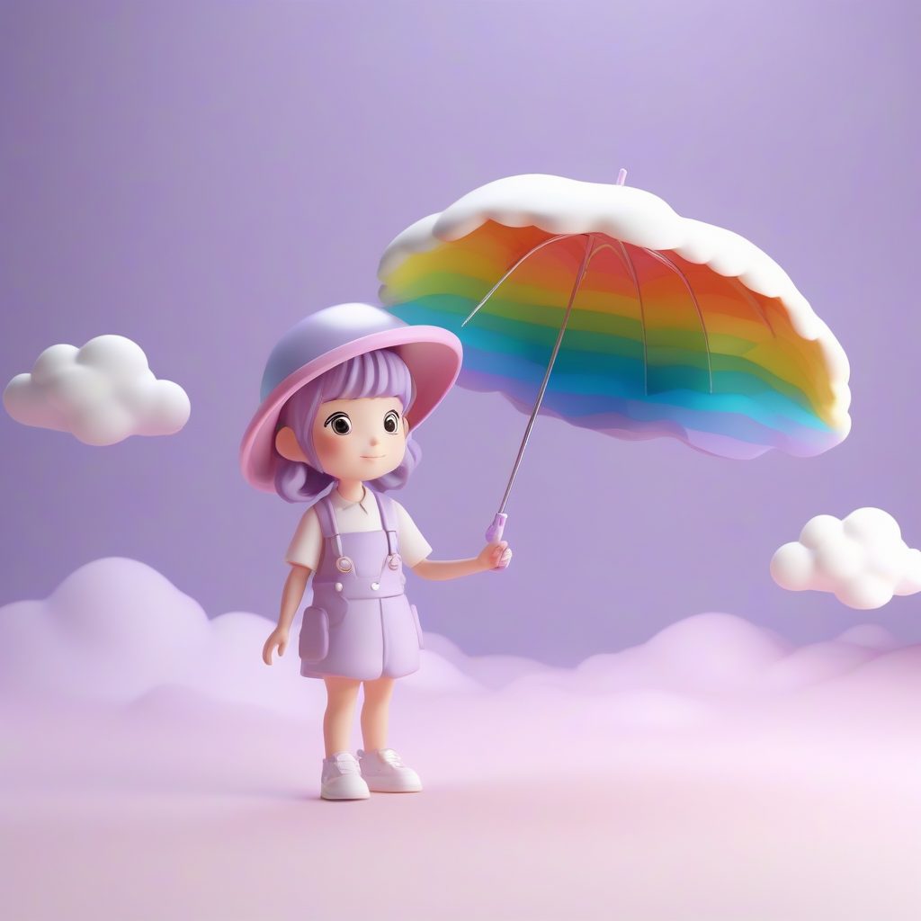 彩虹云朵女孩：C4D卡哇伊Q版角色3D渲染，柔和景深与薰衣草纯色背景