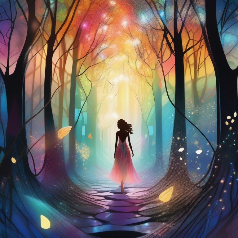 彩色玻璃森林中的抽象少女