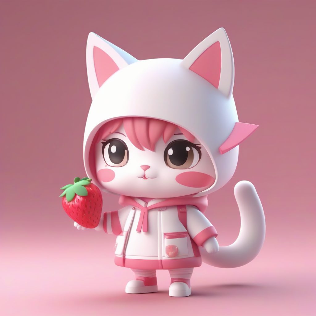 草莓牛奶主题猫耳娘：Pop Mart风格卡哇伊Chibi全身站立图AI提示词