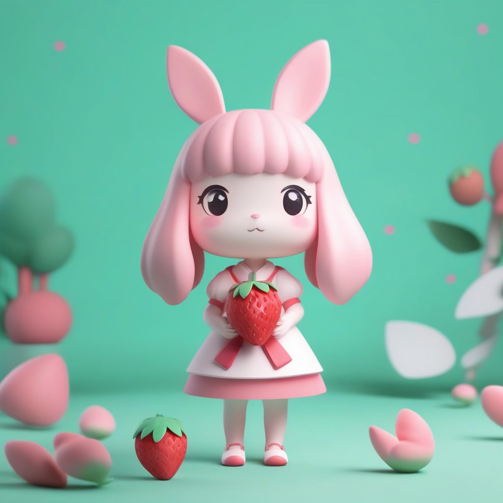 草莓甜点家：手捧和风大福的Q版兔耳娘C4D渲染