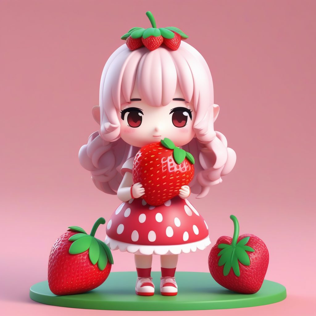 草莓甜心极简Q版女孩粘土玩具全身照3D效果