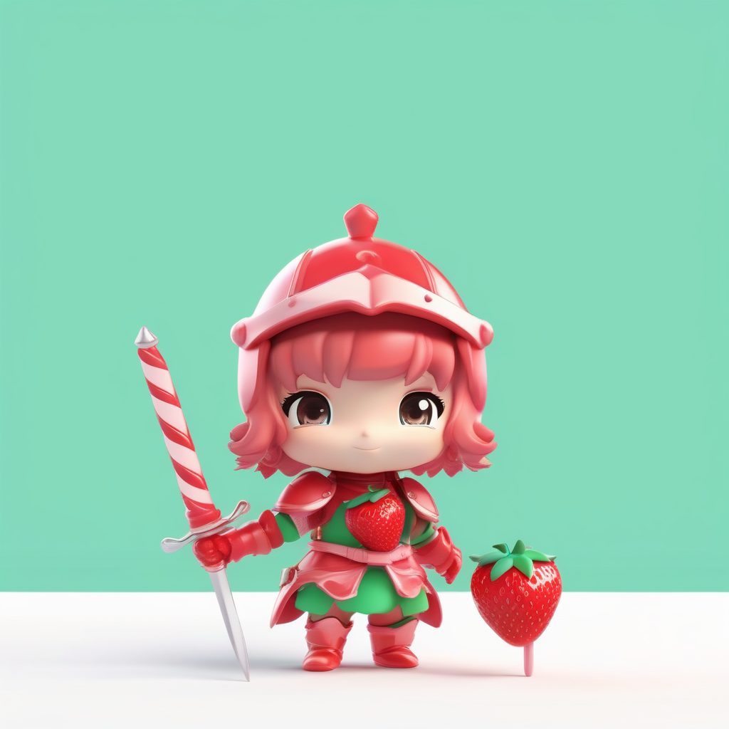 草莓小骑士：Q版全身站立照，手持糖果剑，薄荷绿背景C4D渲染