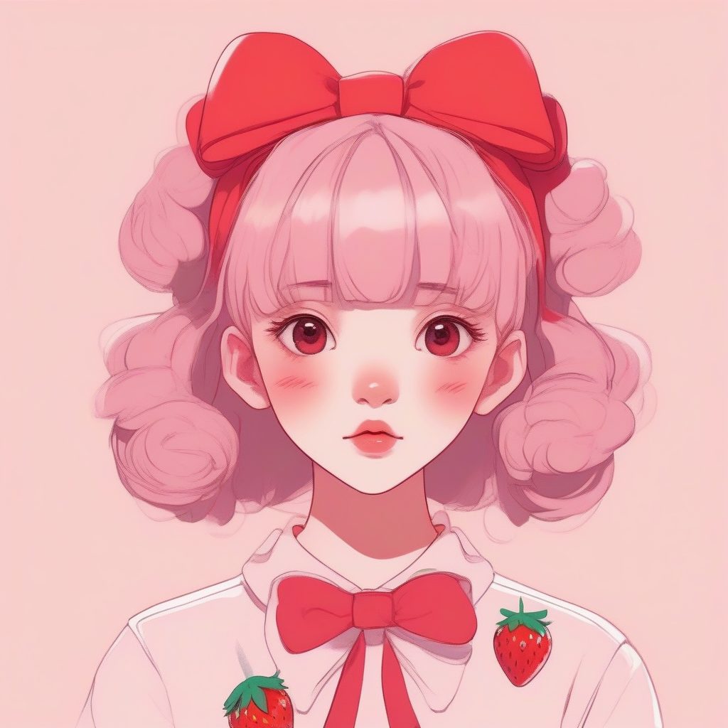 草莓主题少女：红色蝴蝶结与粉色调的赛璐珞描绘