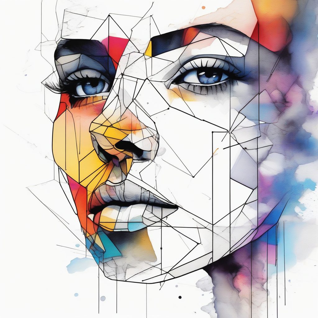 侧面几何肖像：情感流动的彩虹水彩