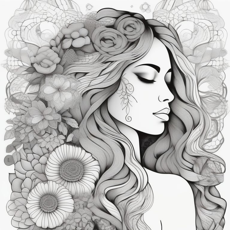 禅绕风格的人物与花卉融合艺术