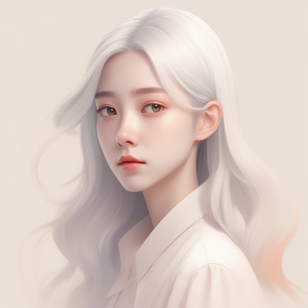 超极简构图：低饱和银发少女与浅桃色背景
