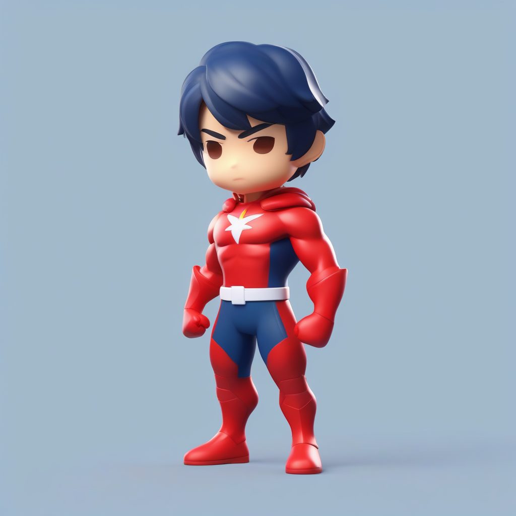 超级英雄Q版角色：高光泽度粘土，纯深蓝背景的力量姿势