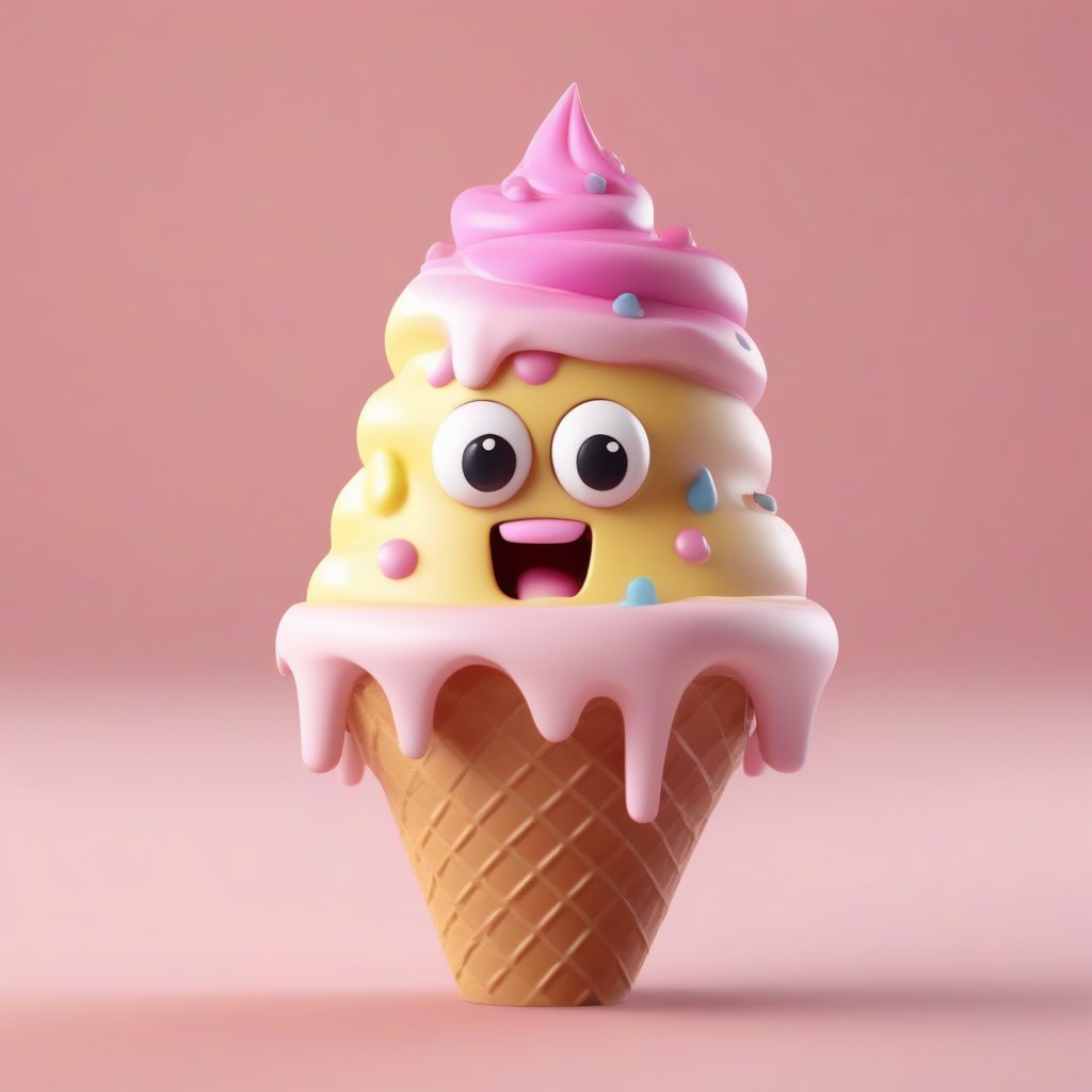 超可爱Q版冰淇淋甜筒怪：融化感3D模型全身图，纯亮黄背景