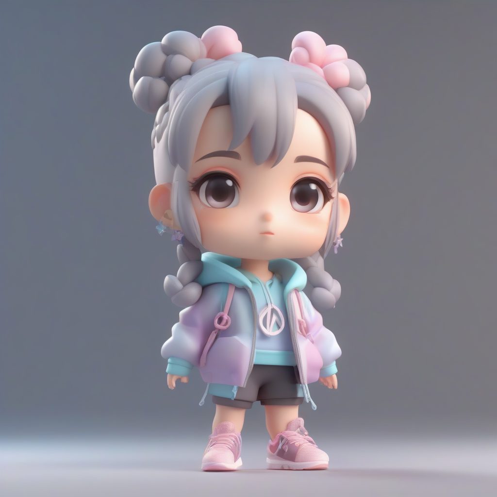 潮酷街头风：扎着金属环辫子Q版双马尾女孩，展示和平手势