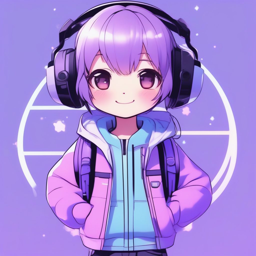 潮流E-Girl Q版女孩：霓虹赛博风全身站立照，柔和光影纯色背景AI提示词