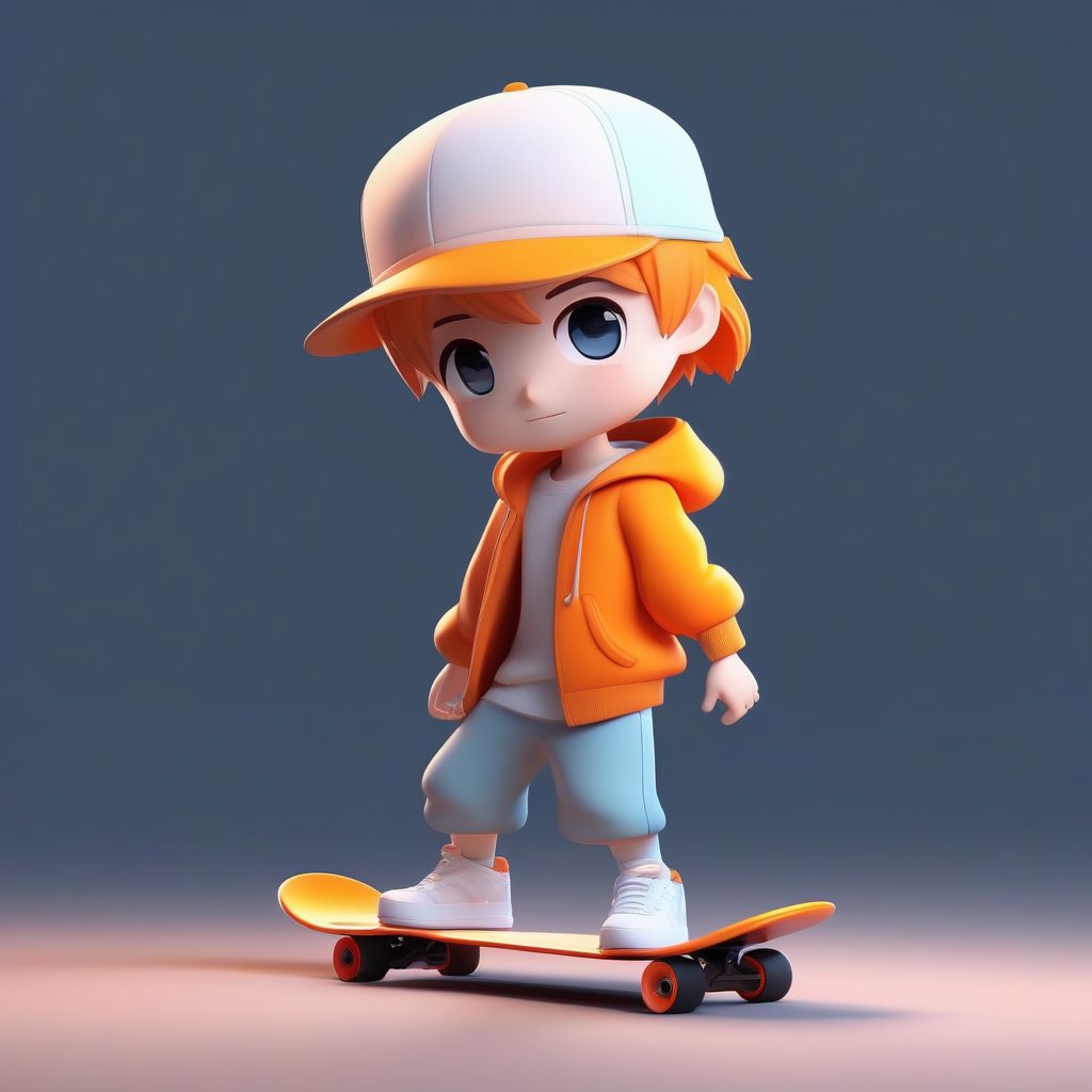 潮流滑板Q版男孩：3D盲盒立绘站姿高光泽渲染提示词