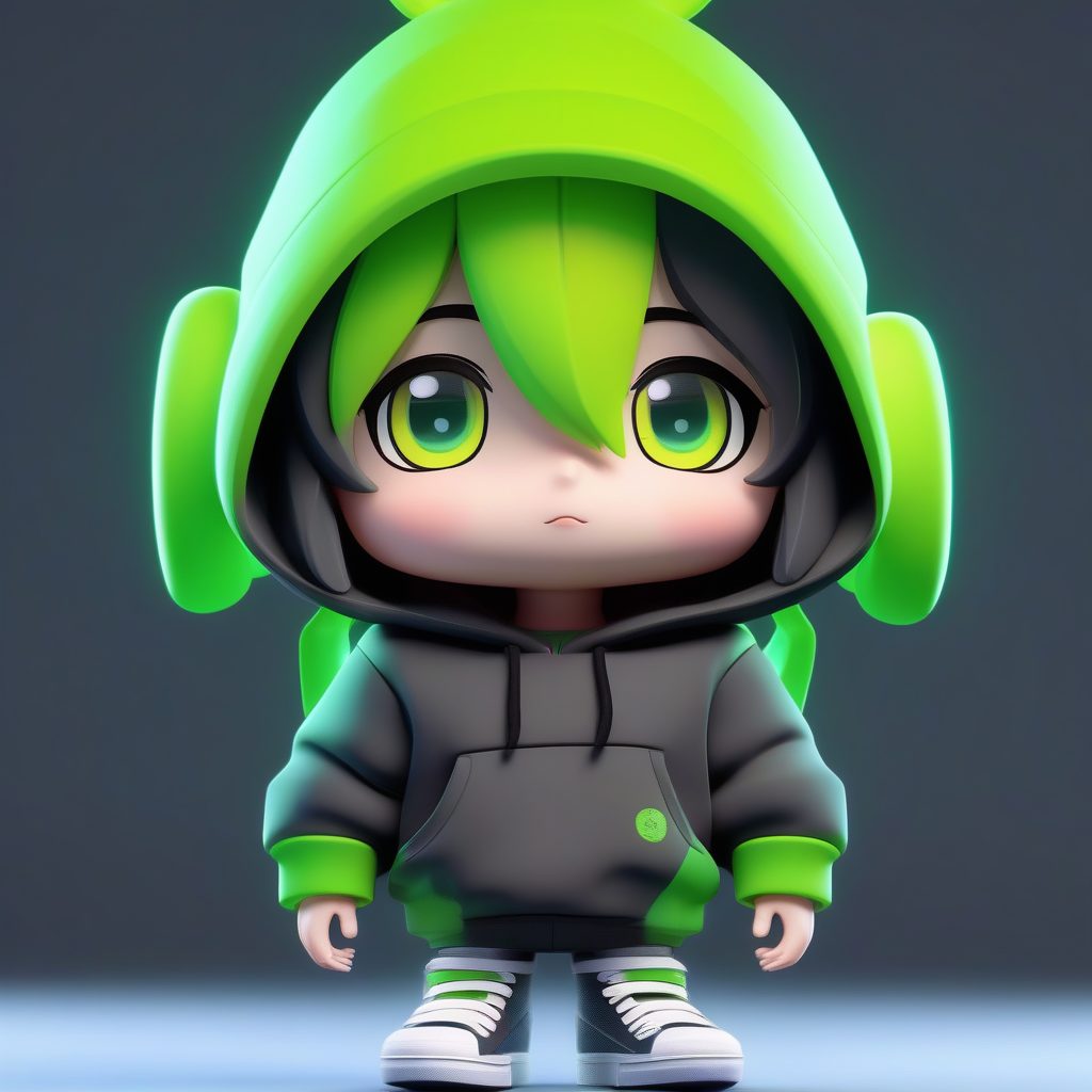 潮流街头风Q版盲盒女孩：霓虹绿卫衣全身站立照，8K超高清C4D渲染