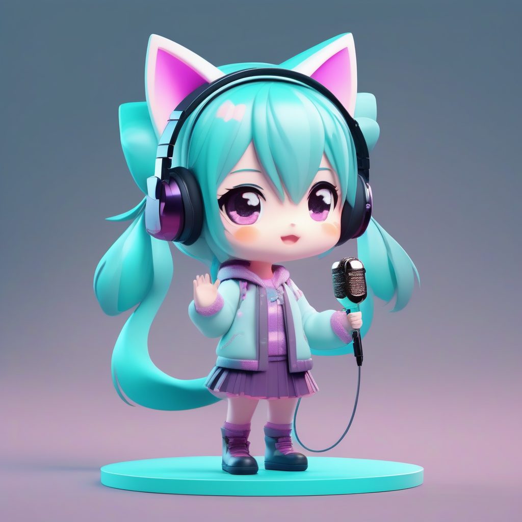 潮流科技风：耳机主播猫耳娘Q版全身肖像