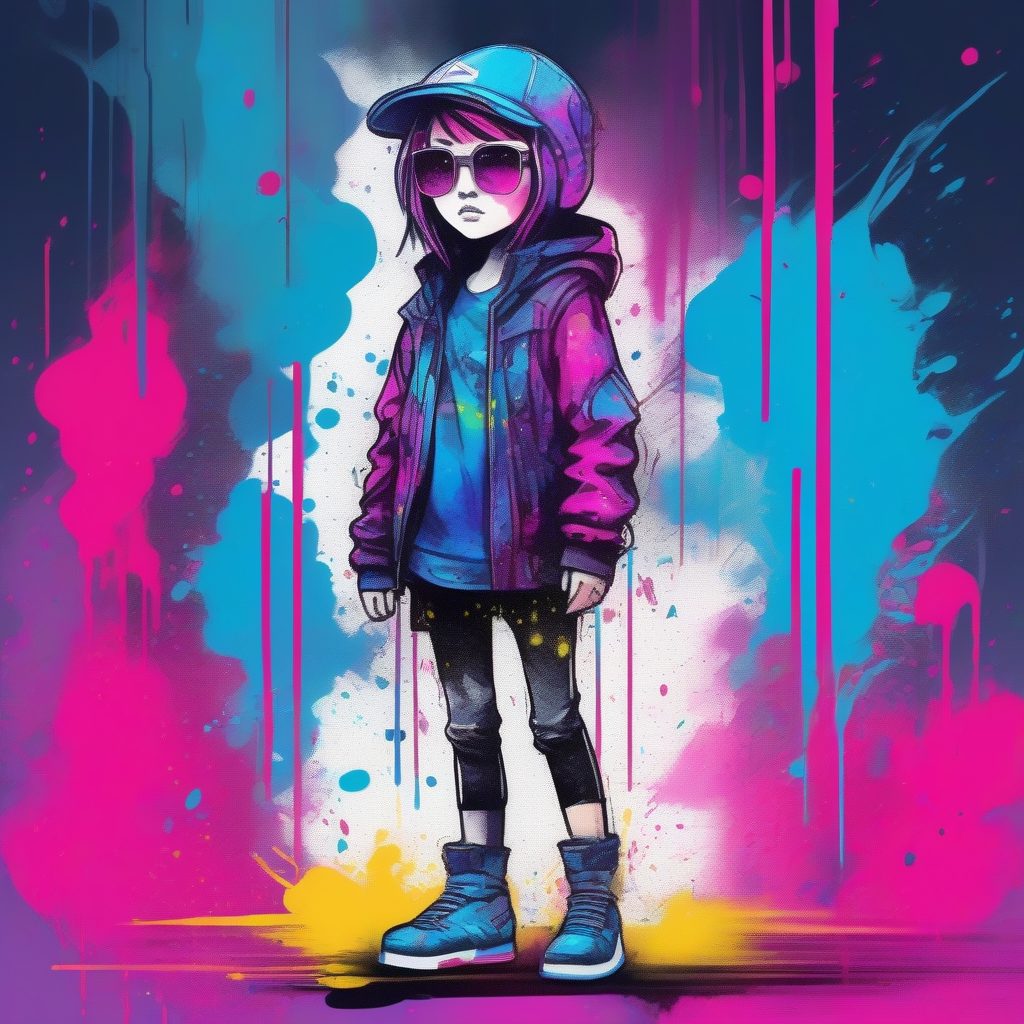 潮流墨渍Q版少女:赛博朋克风抽象水彩全身插画