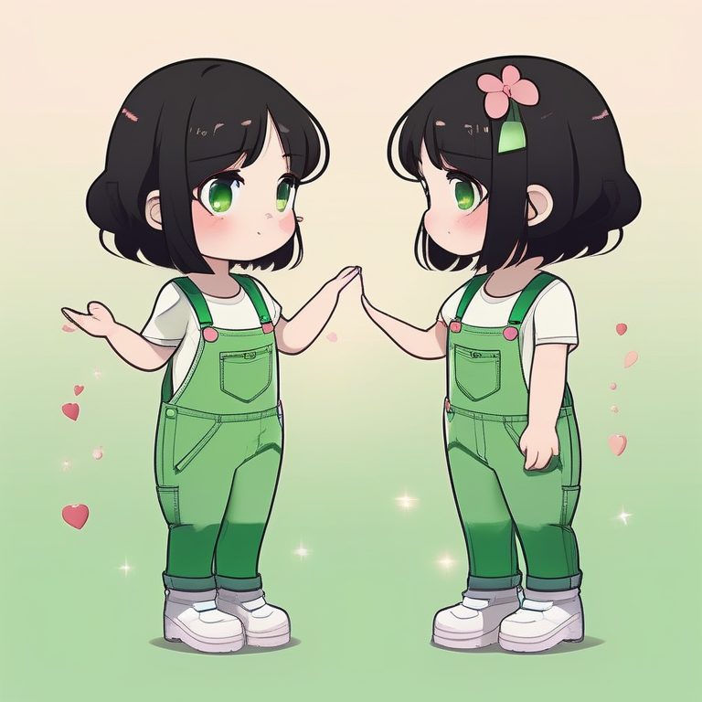 超萌Q版女孩：绿色背带裤和比心动作