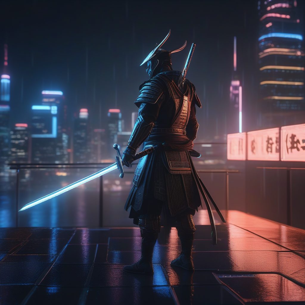 【超写实8K】虚幻引擎5赛博武士：雨夜霓虹都市光线追踪渲染