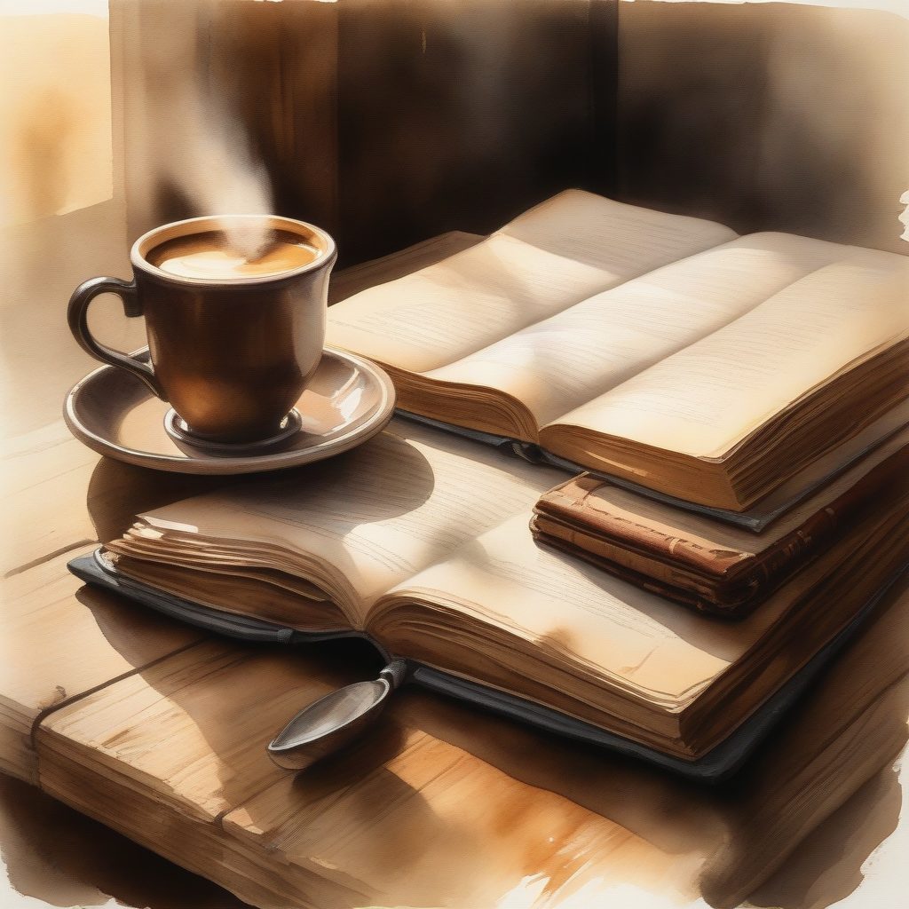 晨光咖啡与书籍：温暖棕褐色调的柔和水彩提示词