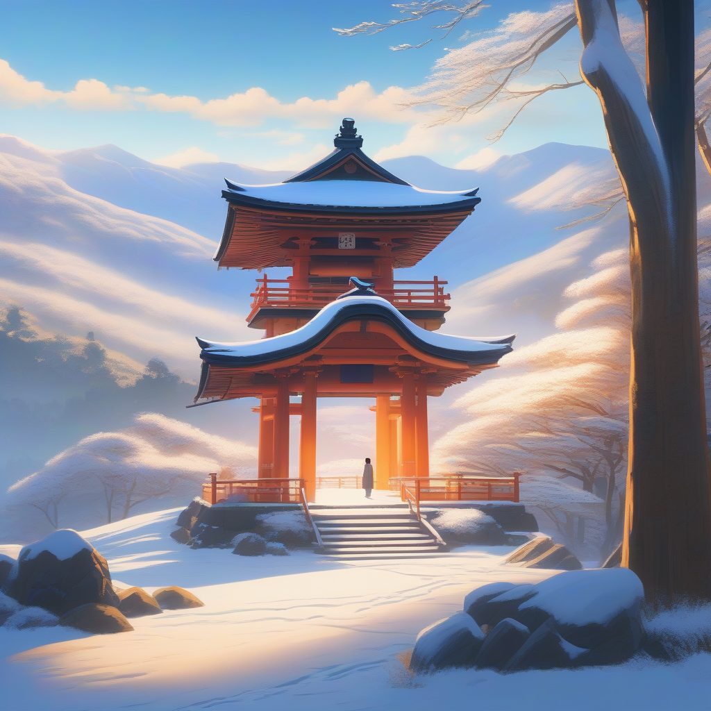 晨光神社：雪山与温暖日出交织的静谧之景