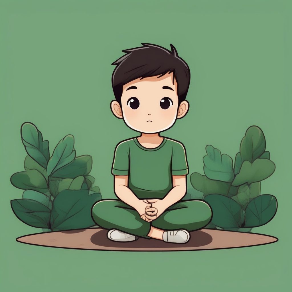 沉思者：极简风格Q版男孩的安静沉思与森林绿背景