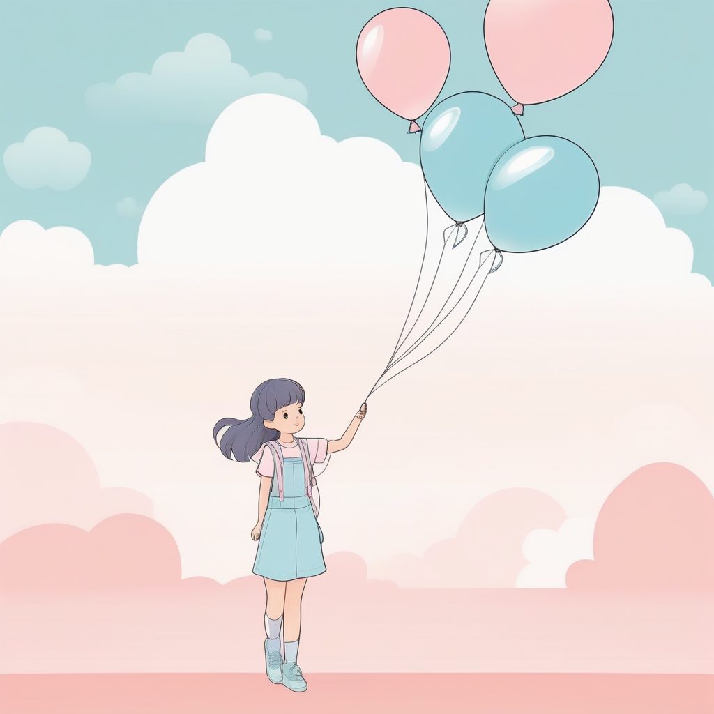 持气球的可爱Kawaii极简女孩：天蓝色纯背景