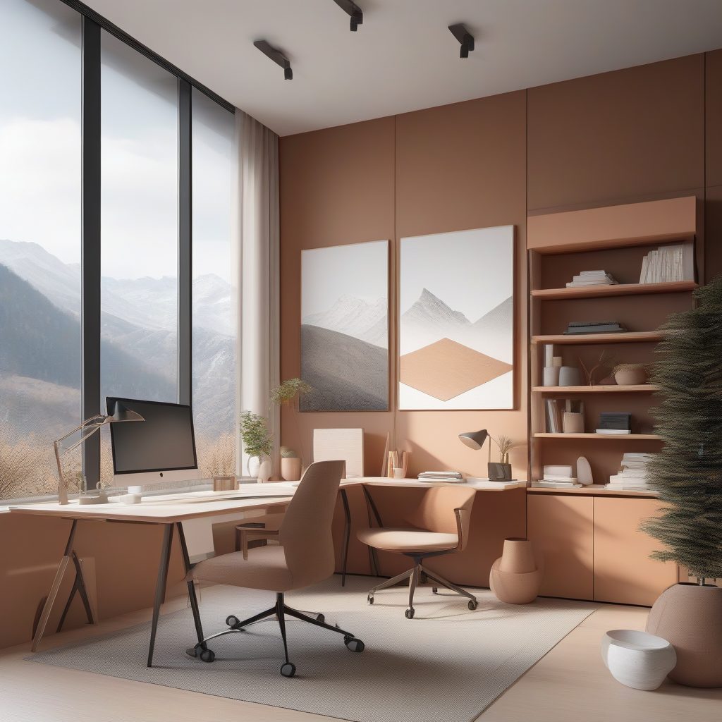 赤陶色调8K家庭工作室:山景环绕的明亮极简办公空间