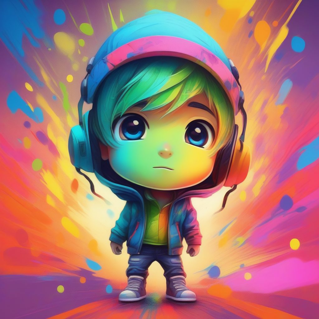 充满活力的粉彩Q版男孩：印象派抽象背景与霓虹光斑