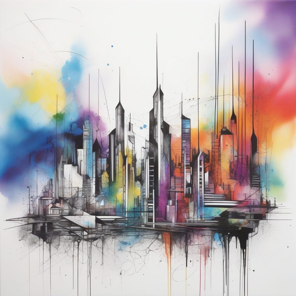 抽象几何城市线稿：彩虹水彩泼溅高对比度艺术