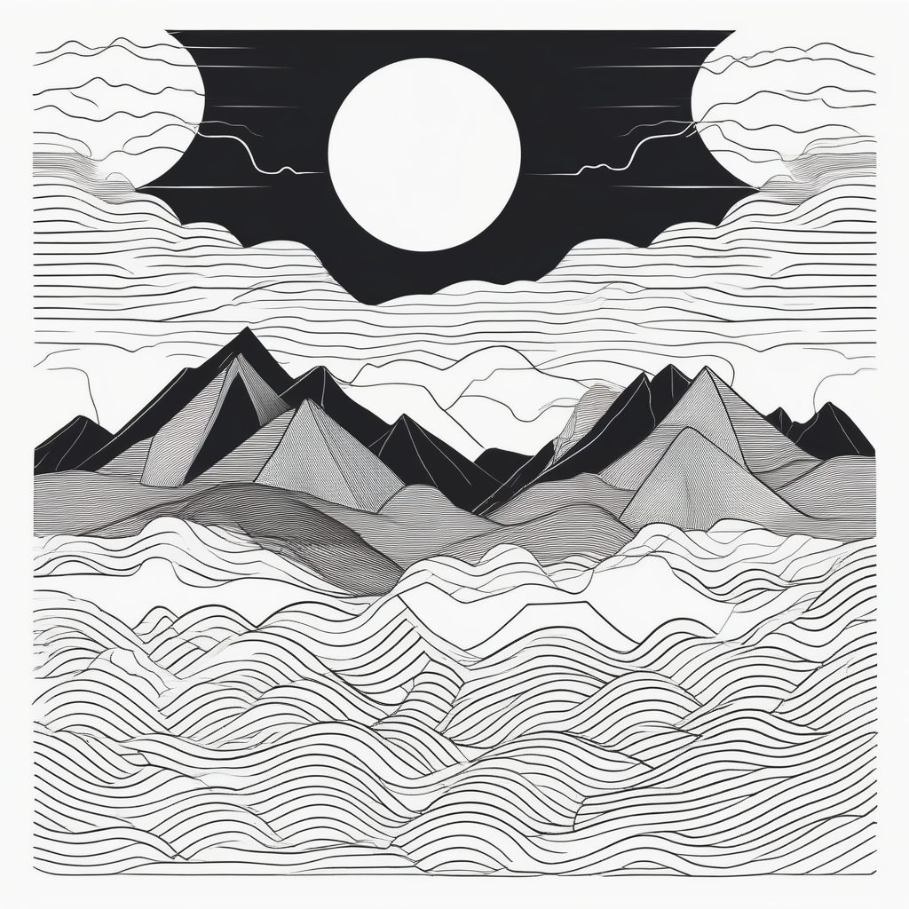 抽象极简山脉线条画：B&W单线风景艺术
