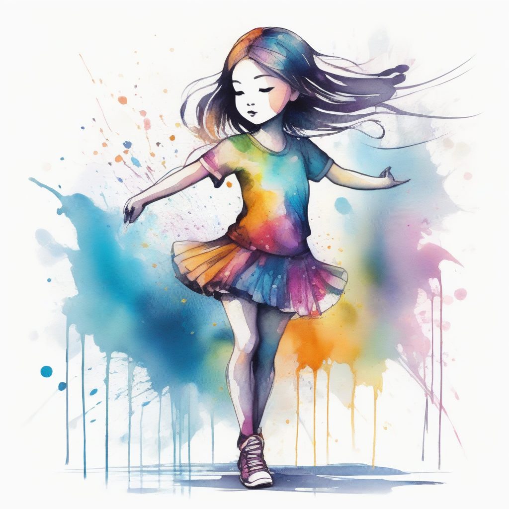 抽象水墨：动态水彩流淌的Q版舞者全身像