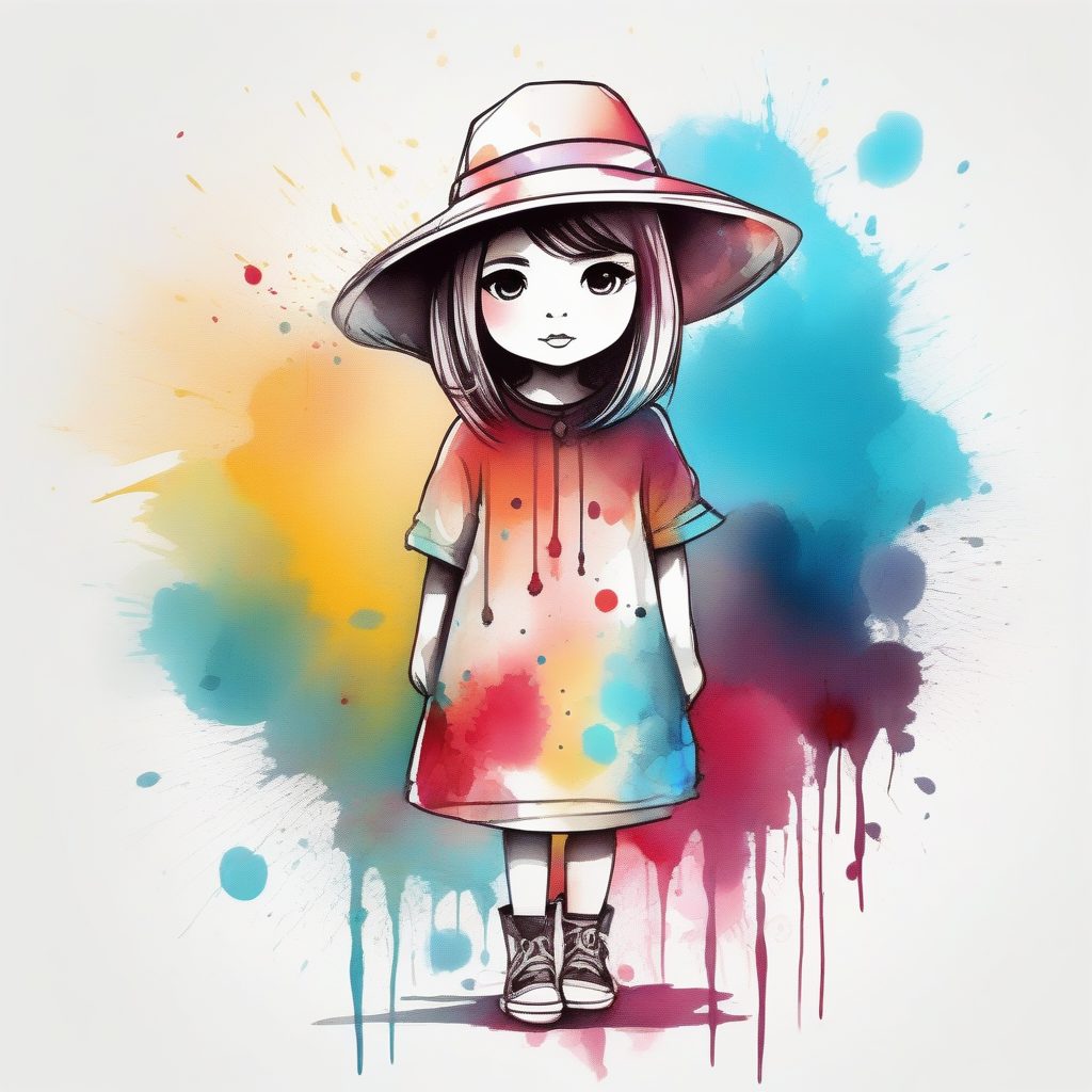 抽象水墨Q版女孩：绯红与青色的流动水彩插画