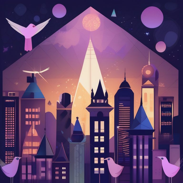 抽象夜景下的几何飞鸟与灯光