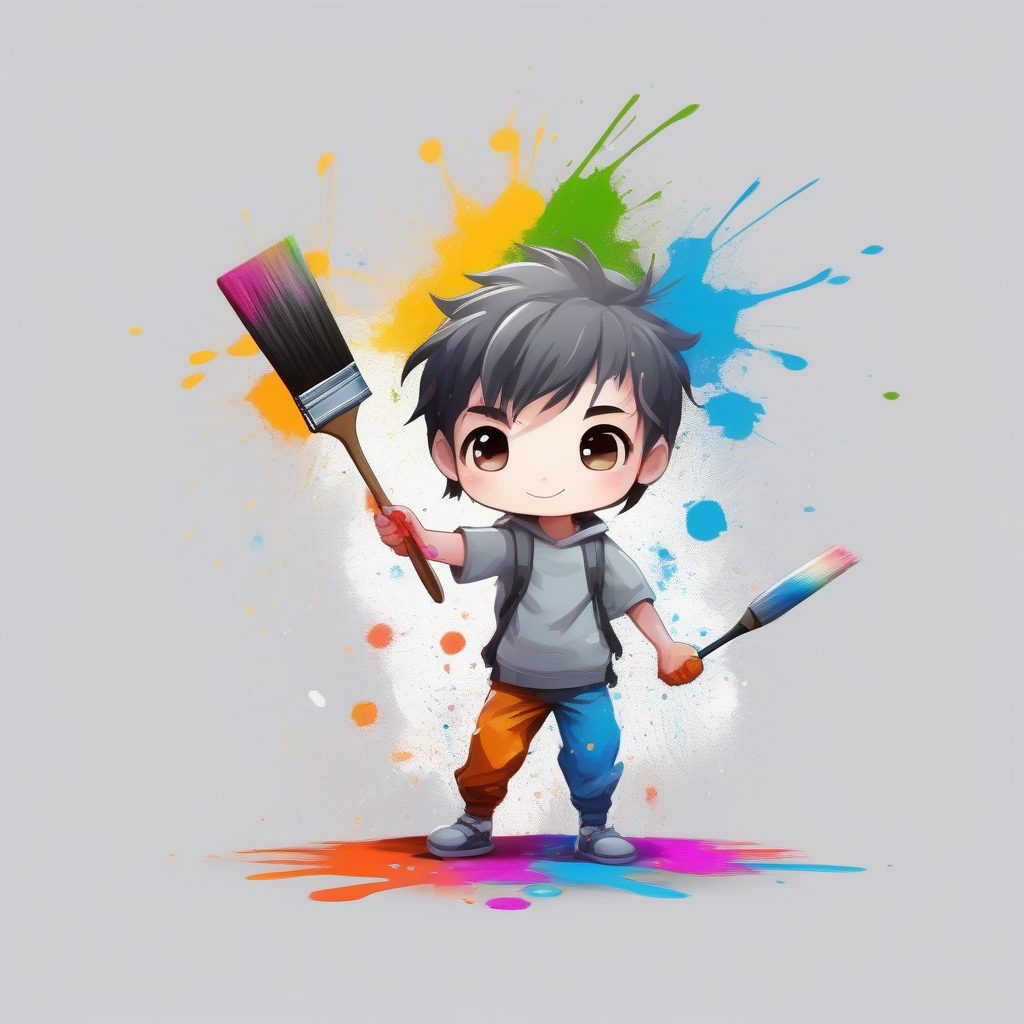 创意Q版画家：全身沾满颜料，纯浅灰背景插画