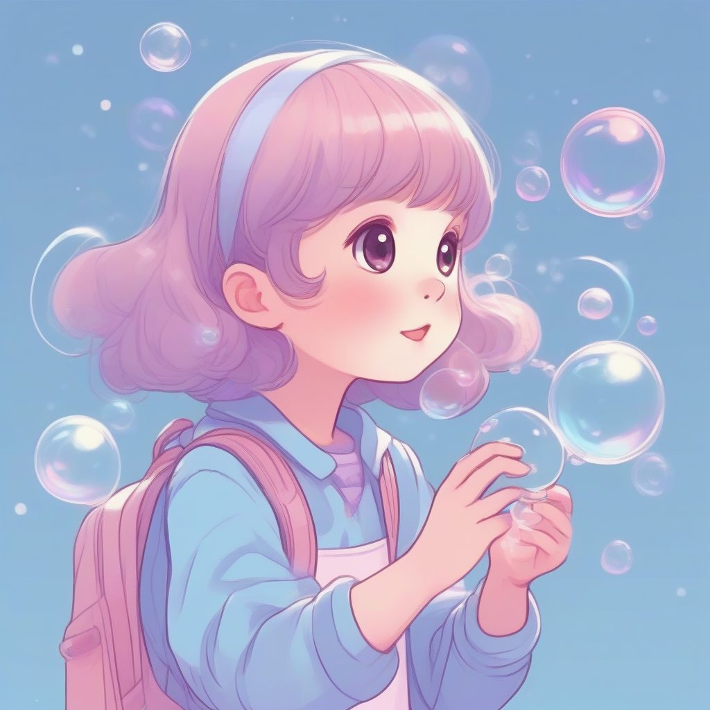 吹泡泡的俏皮涂鸦女孩：专注于泡泡细节的可爱瞬间